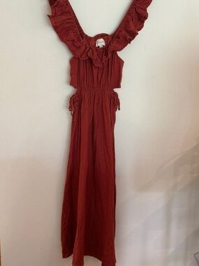 Cleobella XS Rust Maxi Dress with Ruffle open sides  on/off shoulder 48” length